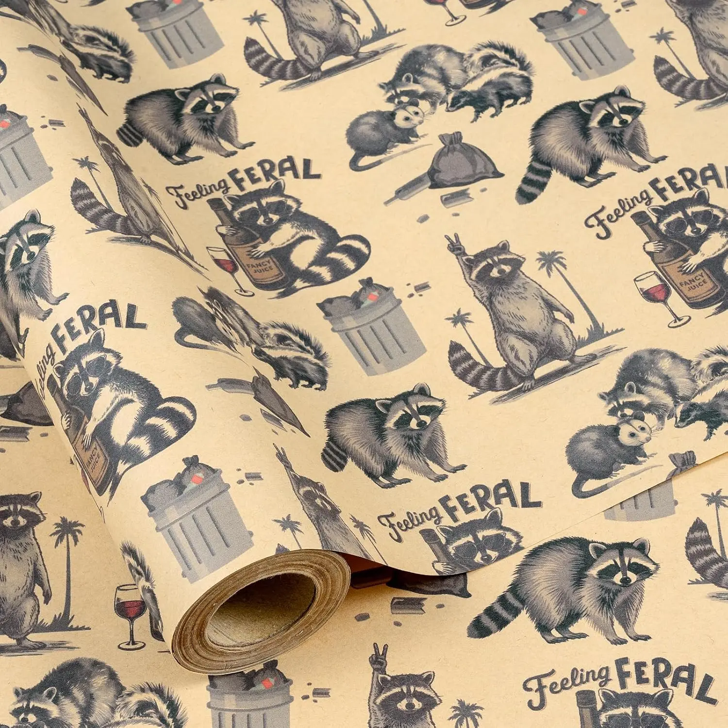 RUSPEPA Funny Raccoon Wrapping Paper Roll, Cute Trash Friends Kraft Gift Wrap with Raccoon & Opossum Cartoon Design, Birthday Gifts, Party Presents, Fun Gift Packaging,17 Inches x 16.4 Feet