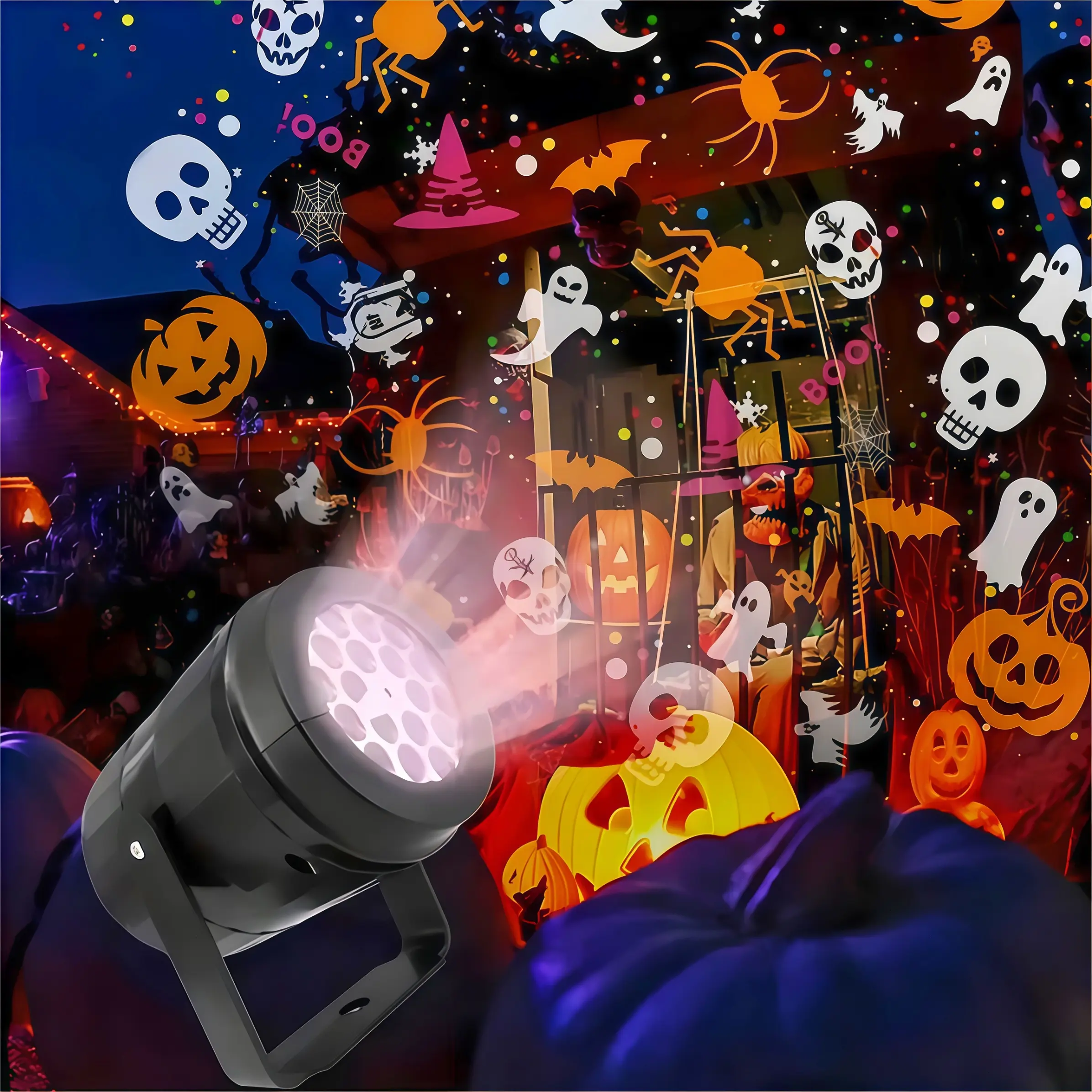 Holiday Cartoon Projector Light, USB Powered, 16 Patterns, Halloween Ghost, Christmas Snowman, Outdoor Decor, Party Decoration