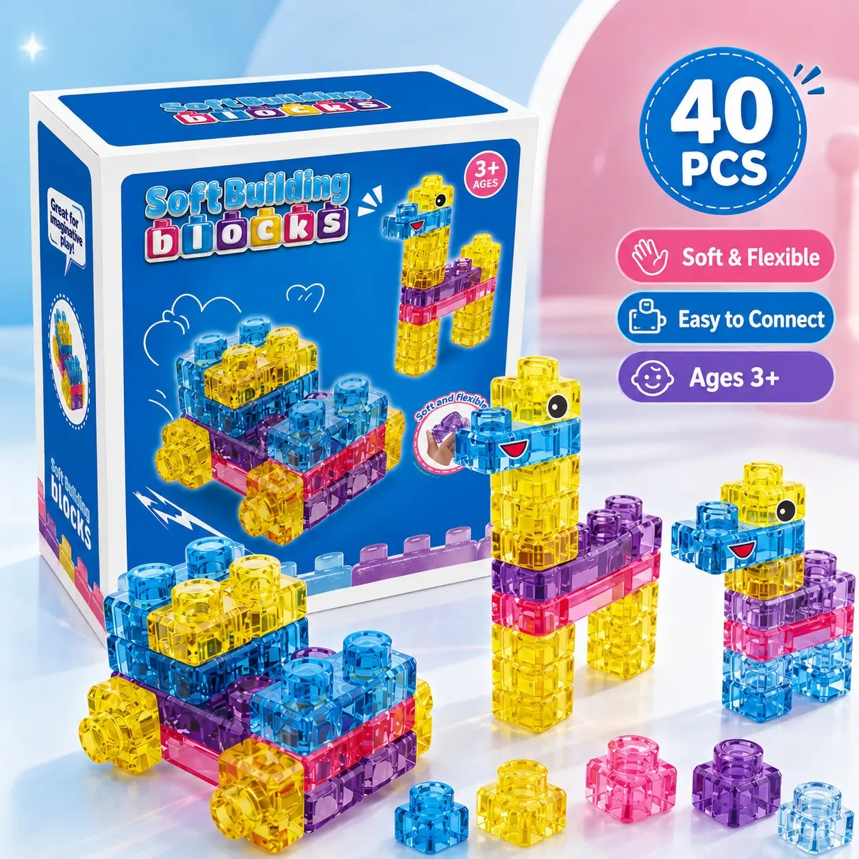 40 PCS Jelly Blocks Building Set for Kids, Soft Squishy Sensory Stacking Blocks, Squeezable Stretchable TPE Construction Toy, Montessori STEM Learning Blocks for Fine Motor Skills, Creative Gift for Boys Girls Ages 3+