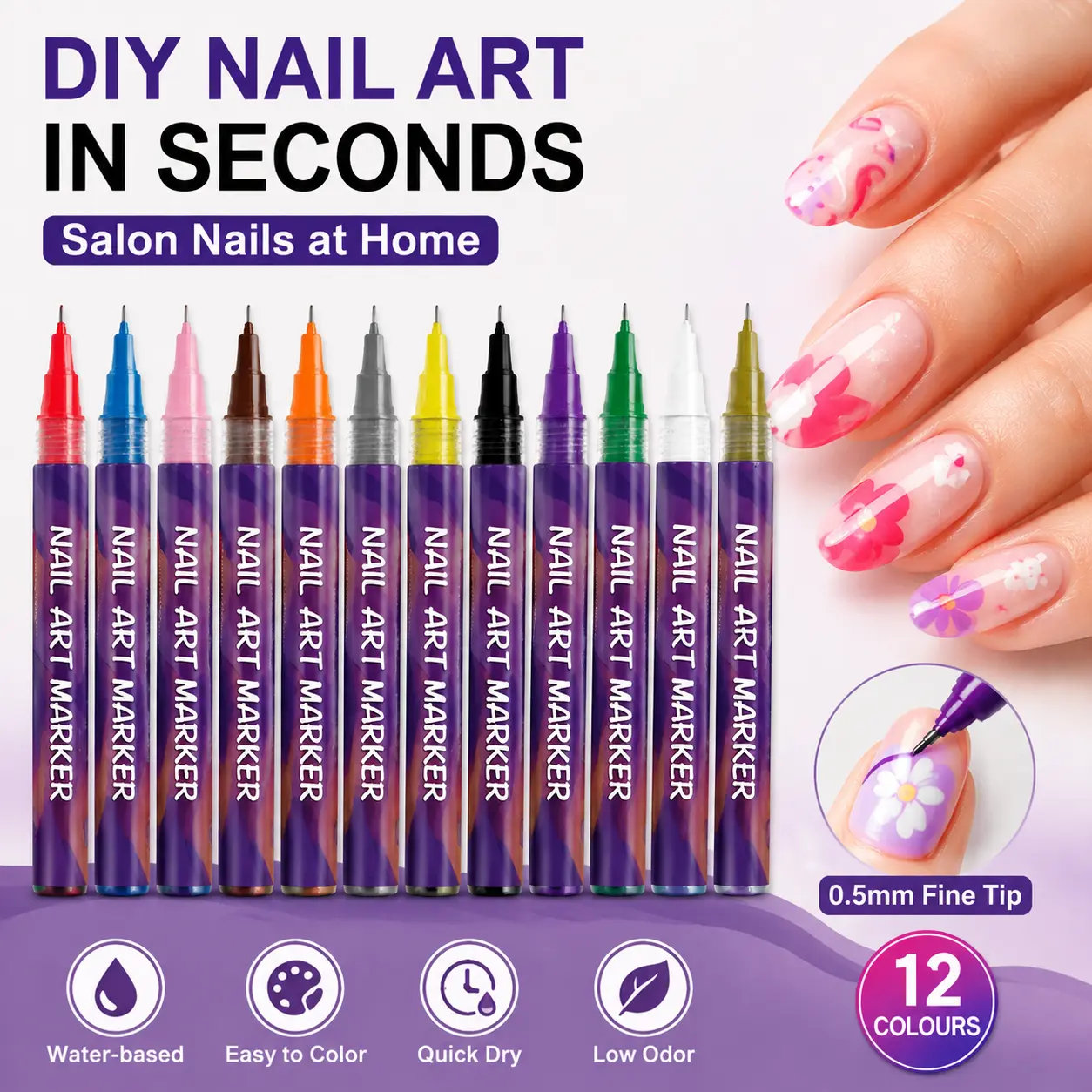 [2026 Upgrade] 12 Color Nail Art Markers, 0.5mm Fine Tip Fast Drying Quick-Dry Acrylic Nail Care Pens, Salon at Home DIY Drawing Tools for Beginners, Waterproof Office Art Supplies