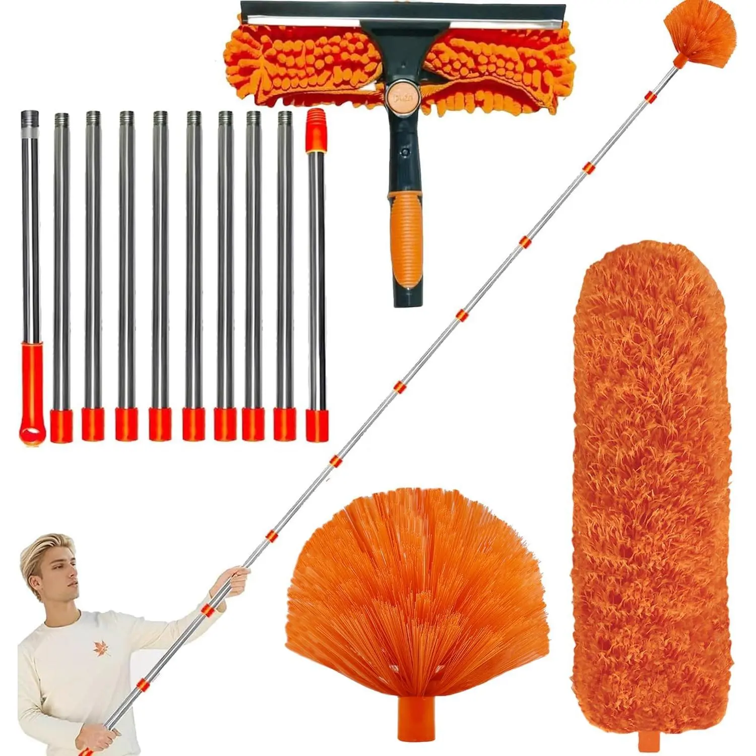 20+  High  Dusting Kit with 3-14 ft Extension Pole //2 in 1 Window Cleaning Kit // High Ceiling Duster // Cobweb Microfiber Duster // Outdoor & Indoor Extendable Duster Cleaning Kit