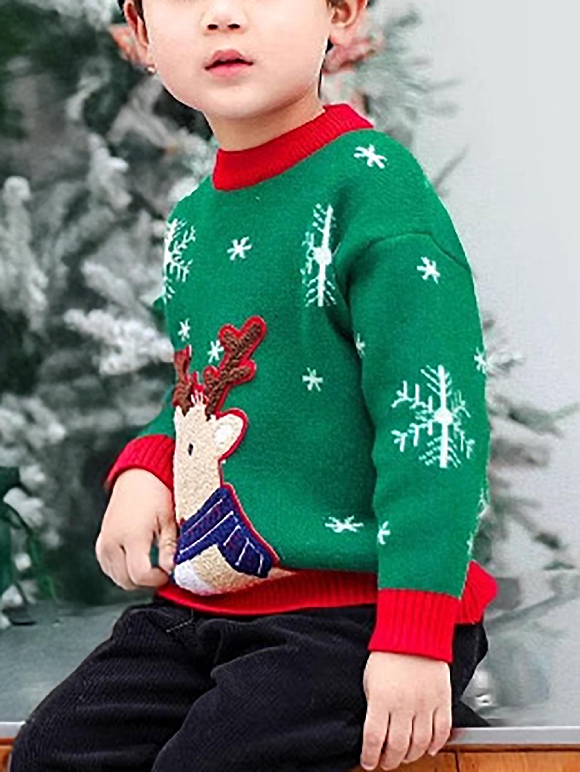 Girls' Christmas Sweater Dress with Snowflake & Reindeer Patterns, Color-Block Pullover Jumper, Loose Fit Round Neck Winter Outfits for Girls & little girls (Hand Washable)