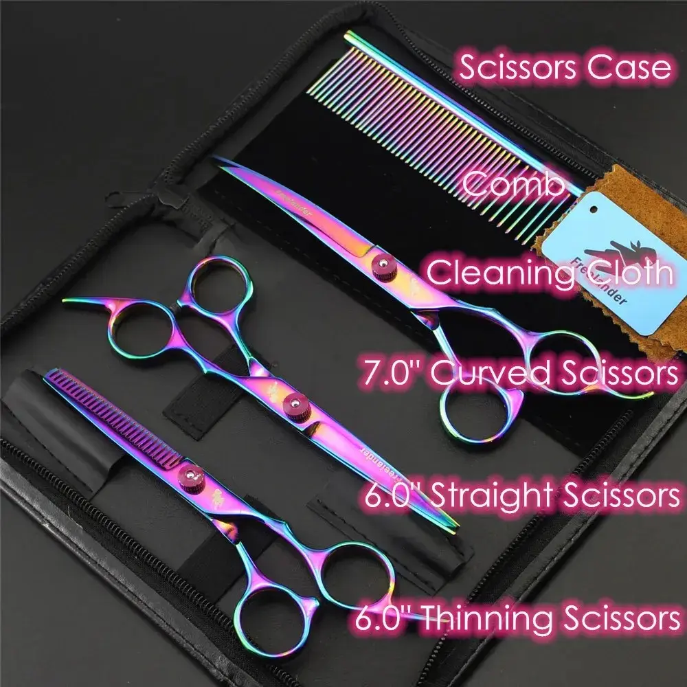 7.0 Inch Professional Pet Scissors for Dog Grooming, 3 Pcs Set: Straight, Thinning, Curved Scissors + Comb