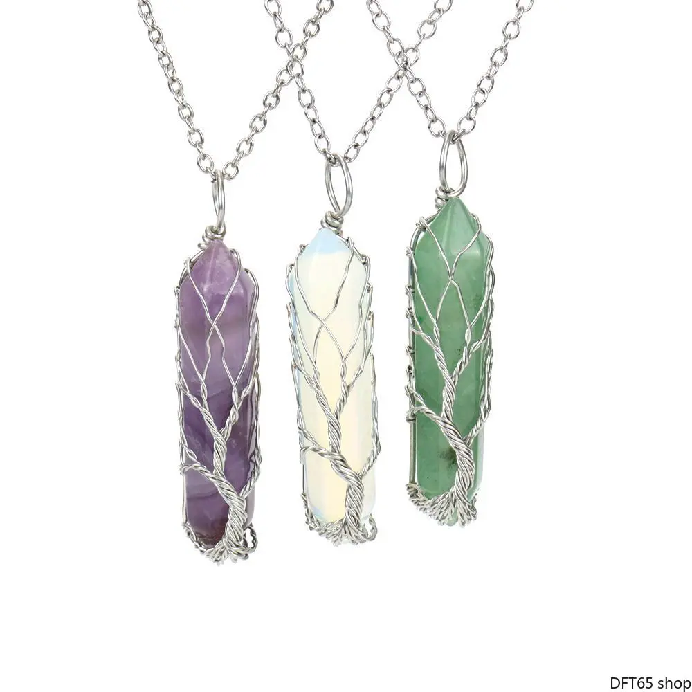 Hand Wire Wrapped Tree Of Life Pendant Necklace Natural Hexagonal Crystal Point Smooth Polished Raw Stone Matte Metal Frame Adjustable Braided Cord For Yoga Daily Casual Stackable Minimalist Decorative Neck Costume Jewelry