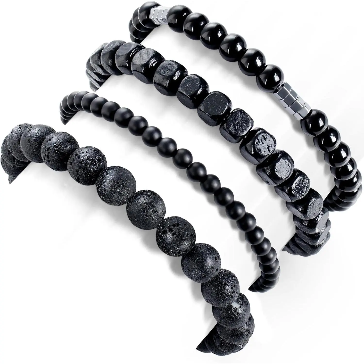 Mens Bracelets Black Beaded Wrist  Set 4 count
