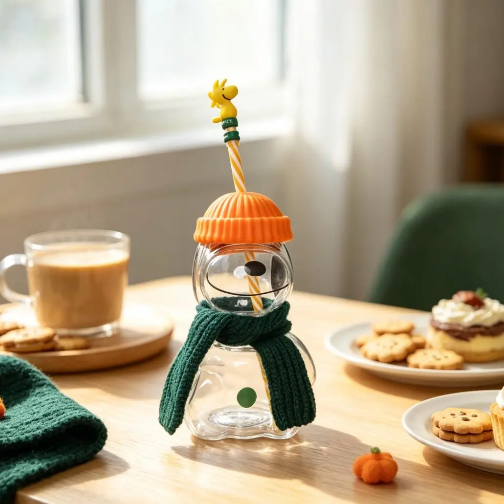 Cute Puppy with Scarf Shape Glass Straw Coffee Mug, Screw-On Lid Design, Multi-Purpose Drinkware, Durable & Aesthetic, Ideal for Daily Use