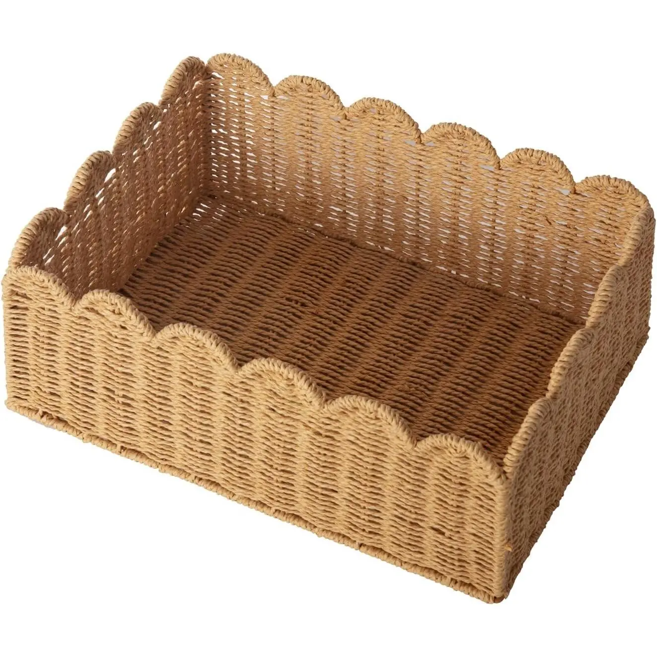 Scalloped Basket, Wicker Storage Baskets, Hand Woven Baskets for Shelves, Natural Baskets for Organizing (M-14" L x 10.5" W x 6" H)