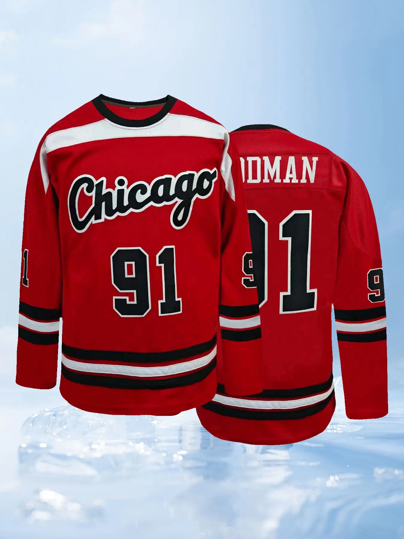 #91 Chicago Embroidered Hockey Jersey | Men's Stitched Retro Long Sleeve Fan Jersey | Breathable Athletic Apparel Tops Sports Shirt for Sports Fans