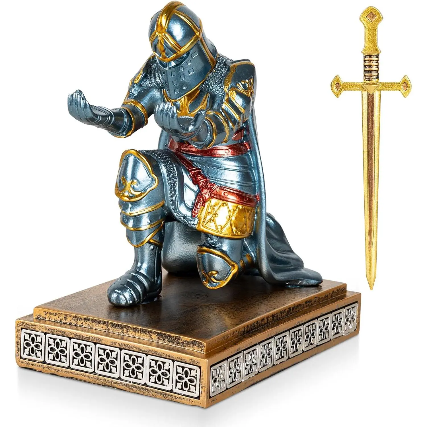 Medieval Knight Pen Holder with Sword, Kneeling 's Guard Warrior Pencil Stand Office Accessories Cool Fancy Desk Decor  for Men Dad Husband  Boyfriend Him- Leader Cloak Style