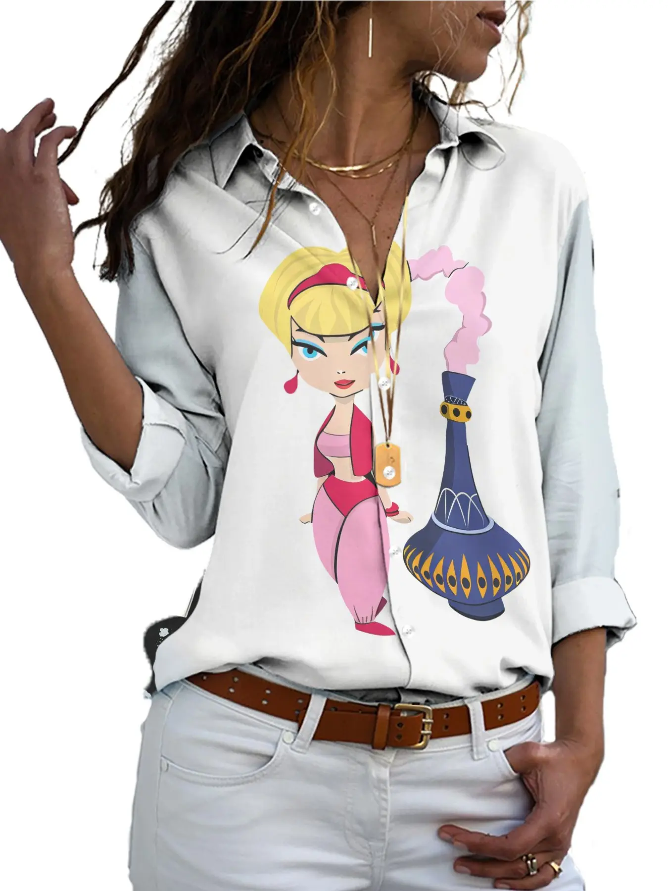 2026 New Women's Fun Anime Character Print Blouse, Fairy Godmother Girl Back Large Print Collar Long Sleeve Shirt, Casual Loose-Fitting Top