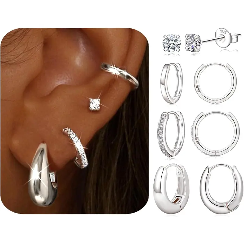 4Pairs Small Sterling Silver Earrings for Women Jewelry for Her Gift | Hypoallergenic Huggie Hoop Stack Earrings for Multiple Piercings, Minimalist Trendy Cartilage Earrings