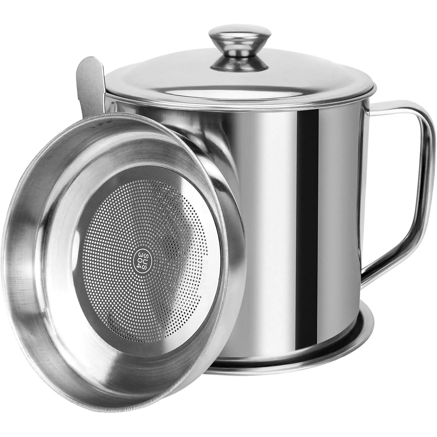 Stainless Steel Bacon Grease Container with Strainer, Handle, Non-Slip Base, Unique Beak Spout, Coaster Tray for Cooking Oil Storage (Compatible with Keto Diets), Anti-Slip Base