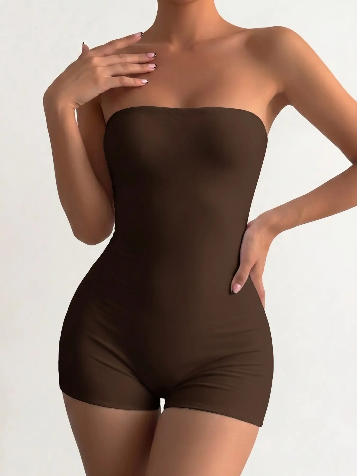 Women's Summer Daily Alluring Sporty Strapless Bustier Shaping Sculpting Jumpsuit, Waist-Cinched Yoga Active Wear Home Outdoor City Slim Trendy Casual Elegant Youth Simple Versatile Textured Stylish Artsy, Sleeveless Workout Jumpsuit