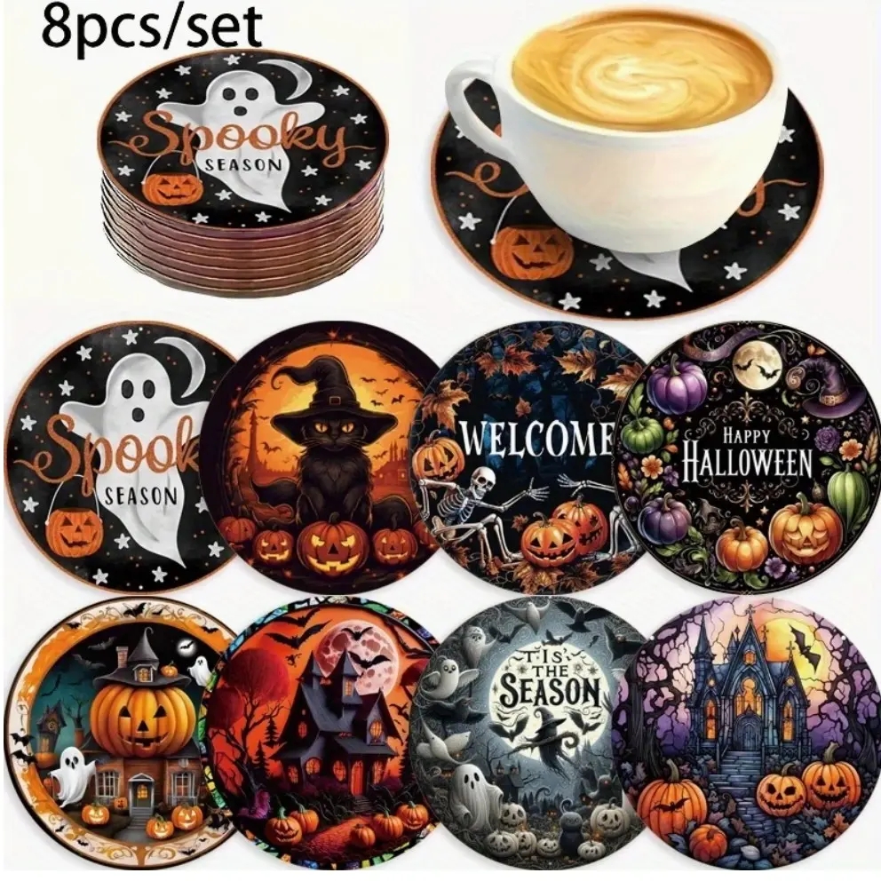 set of 8 Halloween-Themed Wooden Coasters,Non-Slip Heat-Resistant Mats, Quirky Pumpkin Ghost Designs,Café And Office Desktop Decoration,Creative Home Gifts in Western Style,Essential Party And Holiday Decorations