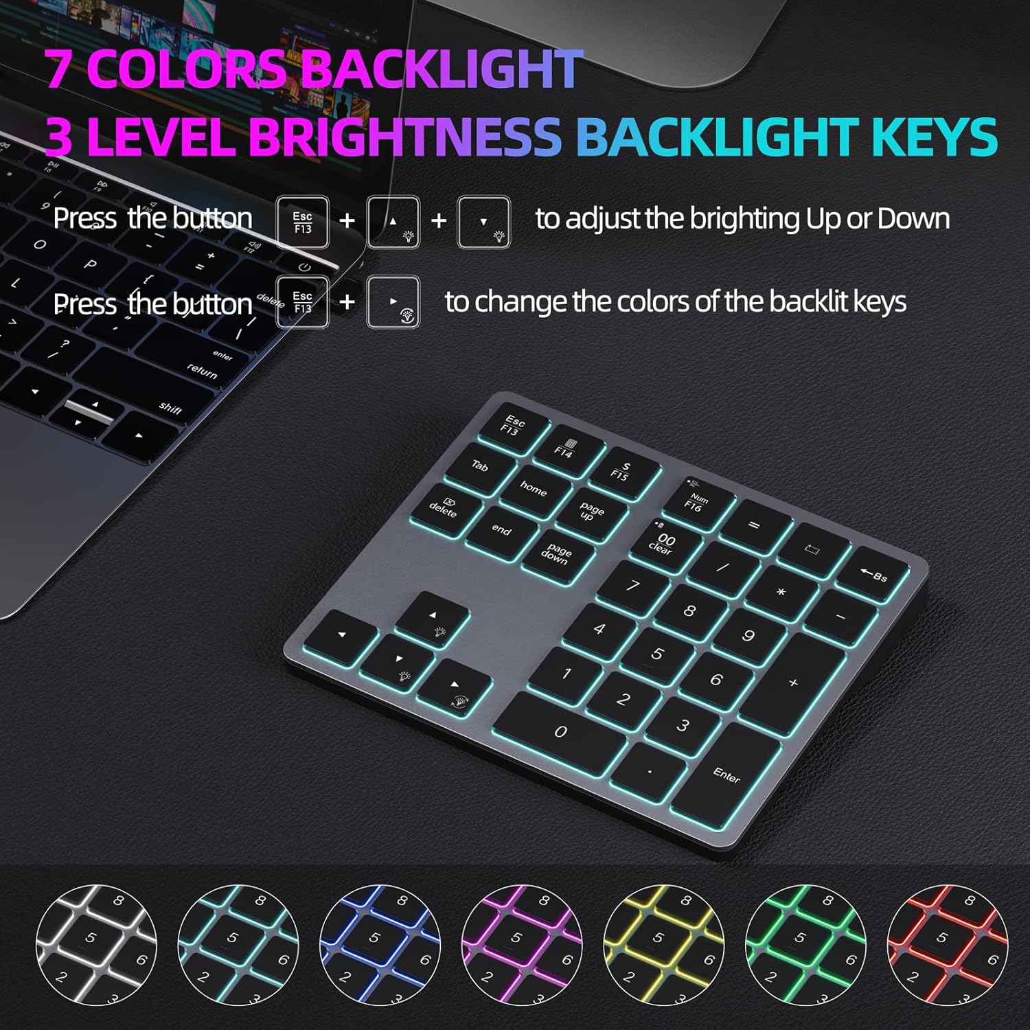 Backlit  Numeric Keypad for Laptops and Computers, Number Pads 34  with 7-Color Backlight for MacBook & Windows, Gray