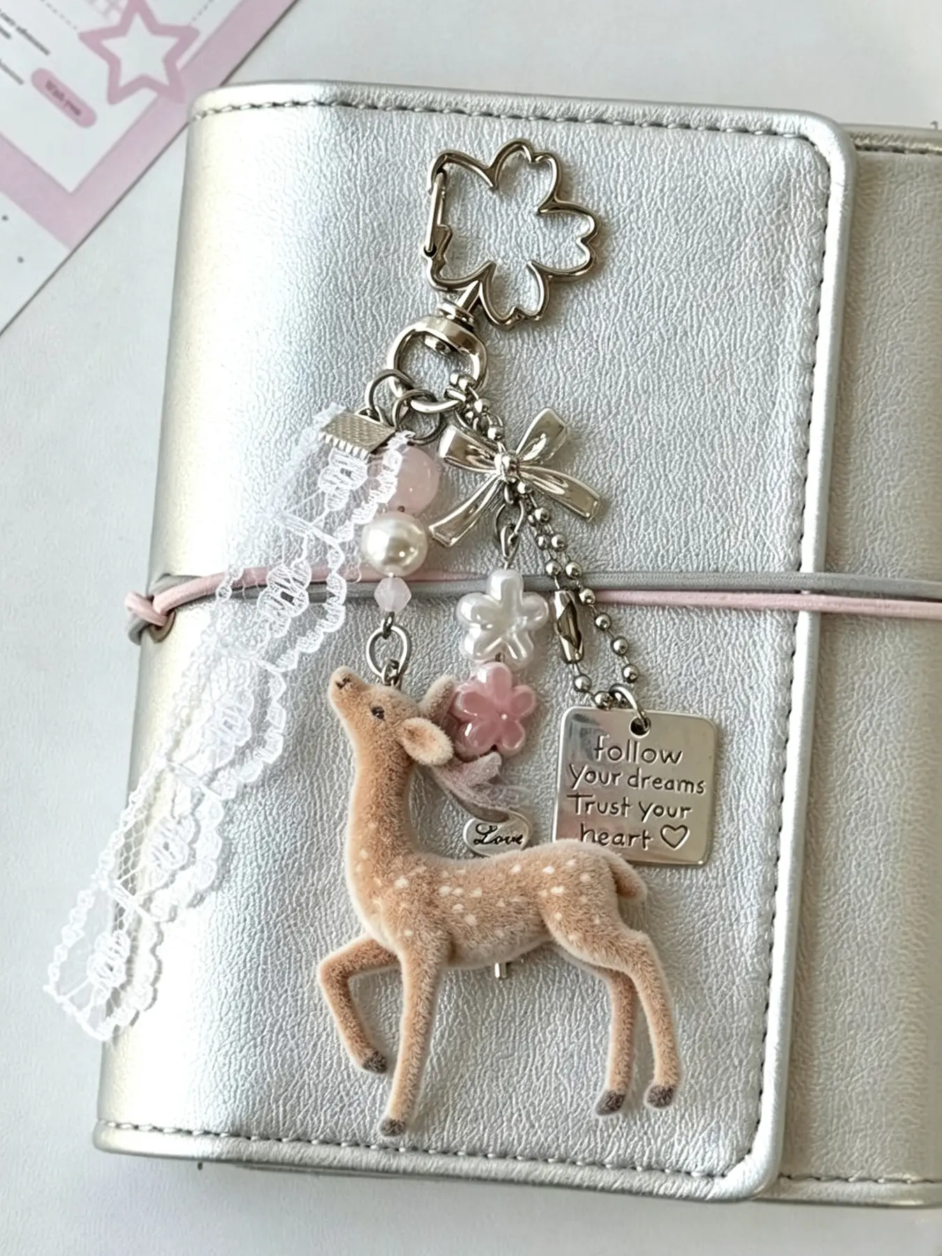 Vintage Flocked Deer Keychain, Lace Ribbon & Pearl Flower Beads, Cottagecore Bag Charm, Sweet Girly Gift, Aesthetic Key Accessories