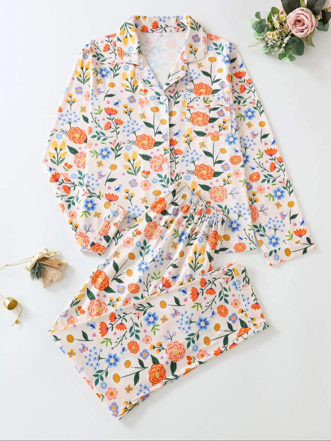 Two-Piece Floral Pajama Set for Women, Long Sleeve Fitted Sleepwear Loungewear, Soft Comfortable Material, All-Seasons Wear, Elegant Style