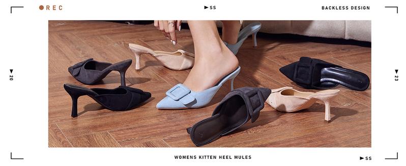 Coutgo Women's Heeled Mules Pointed Toe Suede Buckle Slip On Sandals Kitten Heels Party Wedding Shoes