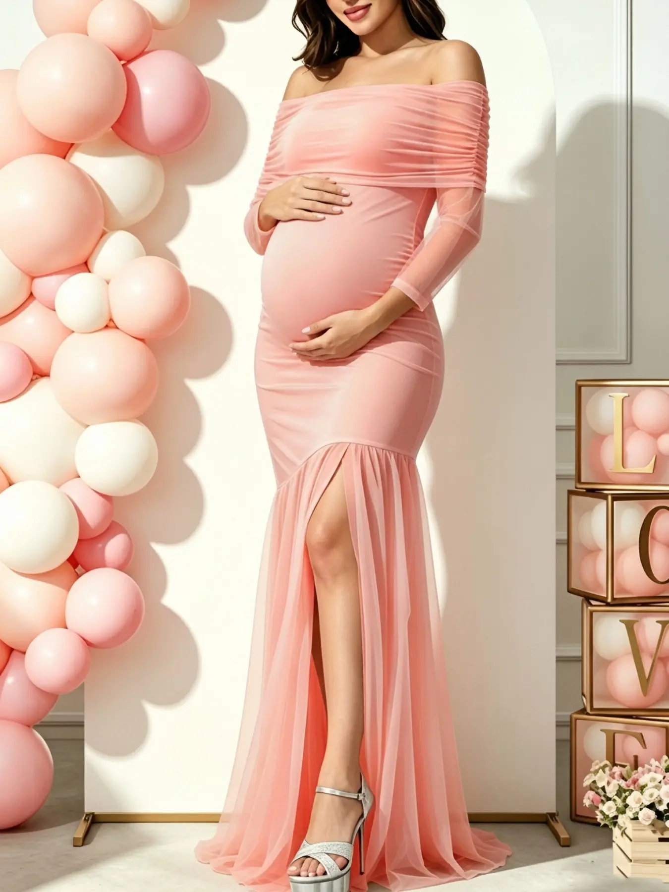 Fashionable Elegant Pregnancy One-Shoulder Dress, Maternity Dresses, Solid Color Mesh Patchwork, Split Hem Gown, Ideal for Baby Shower and Photo Shoots, Maternity Shoot Outfits, Maternity Clothing