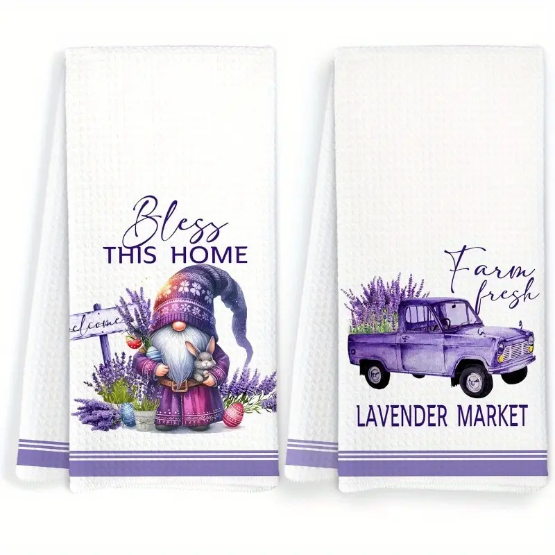 Set of 2 Purple Lavender Kitchen Towels- Rustic Gnome and Truck Design, 16x24 Inches, Soft Polyester Hand Towels for Kitchen and Bathroom, Farmhouse Spring Floral Decor, Machine Washable | Gnome Illustration | Durable Kitchen Essentials