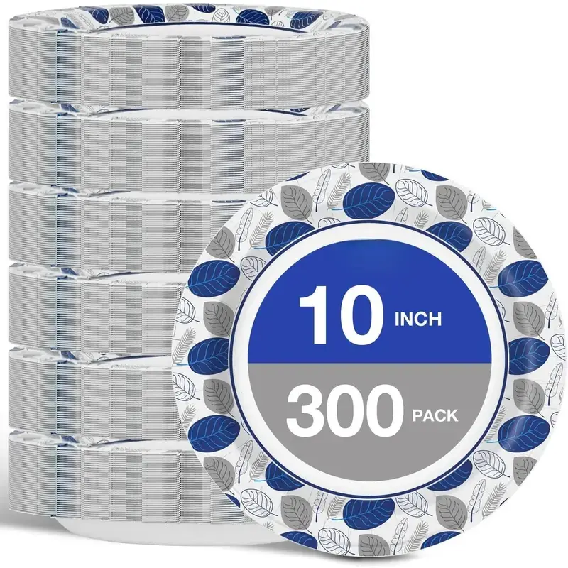 300 Count Paper Plates 10 Inch Bulk, Disposable Large Paper Dinner Plates, Soak Proof, Cut Resistant for Family Gatherings, Travel, Parties, Picnic, Holiday and Daily Use