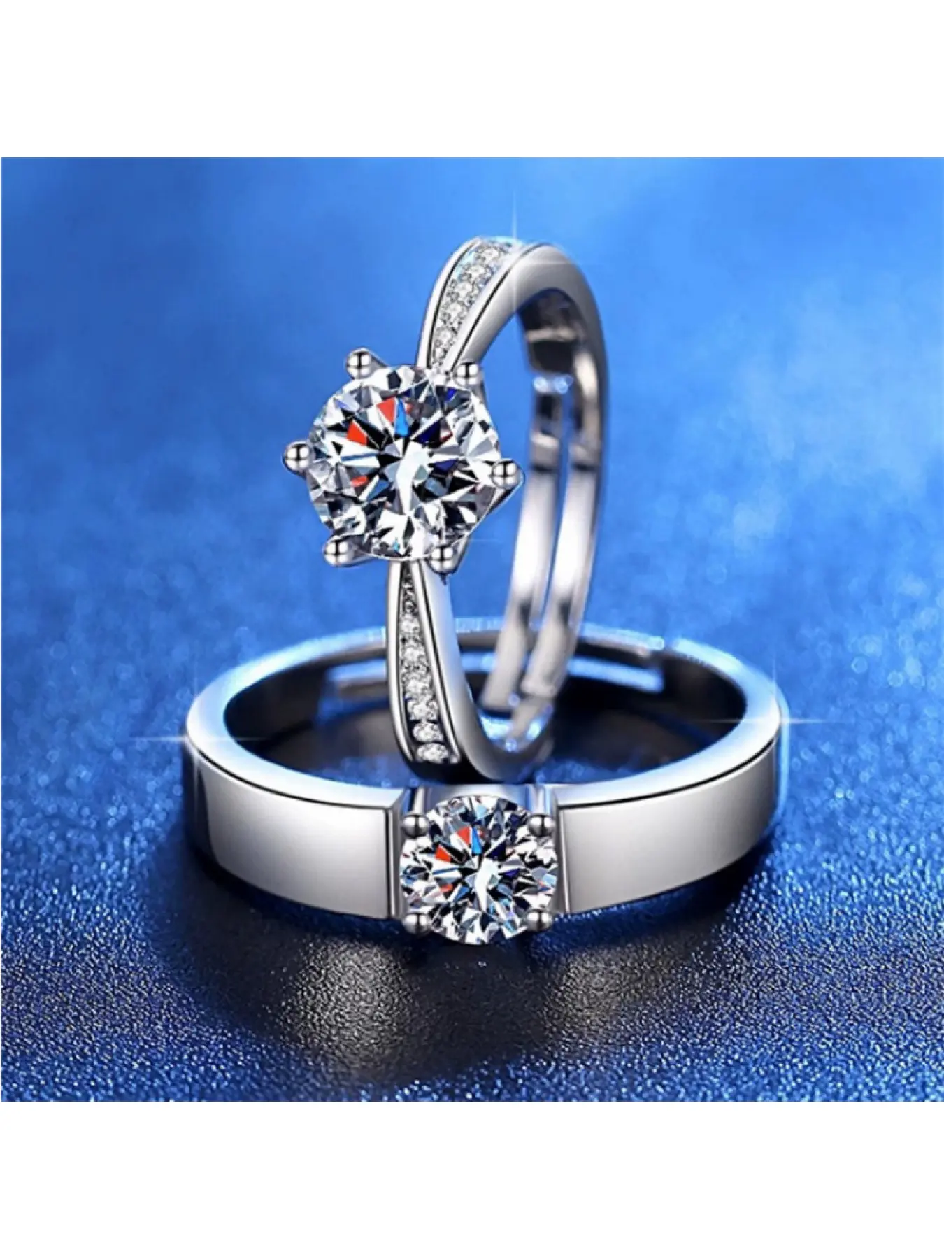 Classic Six - Claw Single - Row Simulated Diamond Couple Ring Adjustable Engagement Wedding Band Wedding Engagement Rings for Men Women
