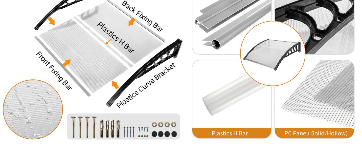 Outvita Window Awning Door Canopy, Polycarbonate Cover Front Door Outdoor Patio Awning Canopy UV Rain Snow Sunlight Protection Hollow Sheet, Brown Board & White Bracket