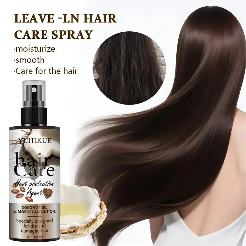 Yuitikue Coconut Oil + Argan Oil Heat Protection Spray, Moisturizing Hydrating Smooth Hair Care, Thermal Shield, No Rinse, 100ML