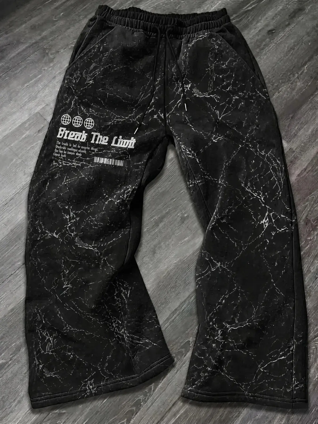 American Crack Marble Wide Leg Sweatpants, Loose Fit Slimming Versatile Streetwear, Drawstring Elastic Waist Straight Leg Sports Long Pants