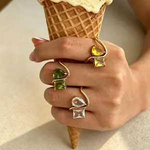 Viral Y2K Dual Stone Bypass Ring Gold Tone Open Wrap Band Baddie Aesthetic Main Character Energy Jewelry
