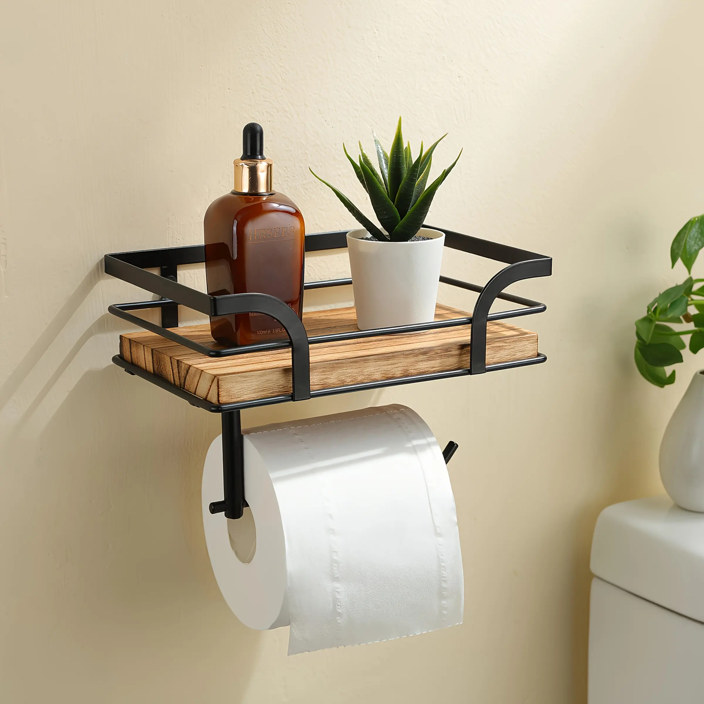 Wood & Black Metal Wall Bathroom Shelf with Toilet Paper Holder, Towel Toiletry Storage Rack