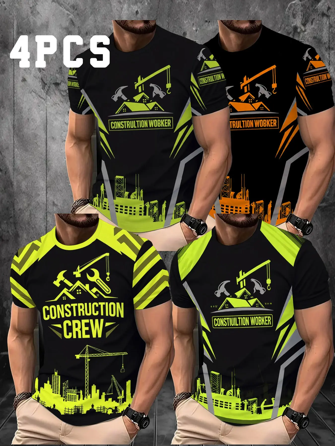 4-Pack Men's Short Sleeve Round Neck T-Shirts, Excavator Crane Print, Industrial Style, Cool Fluorescent Color Block Design, Fashionable Streetwear