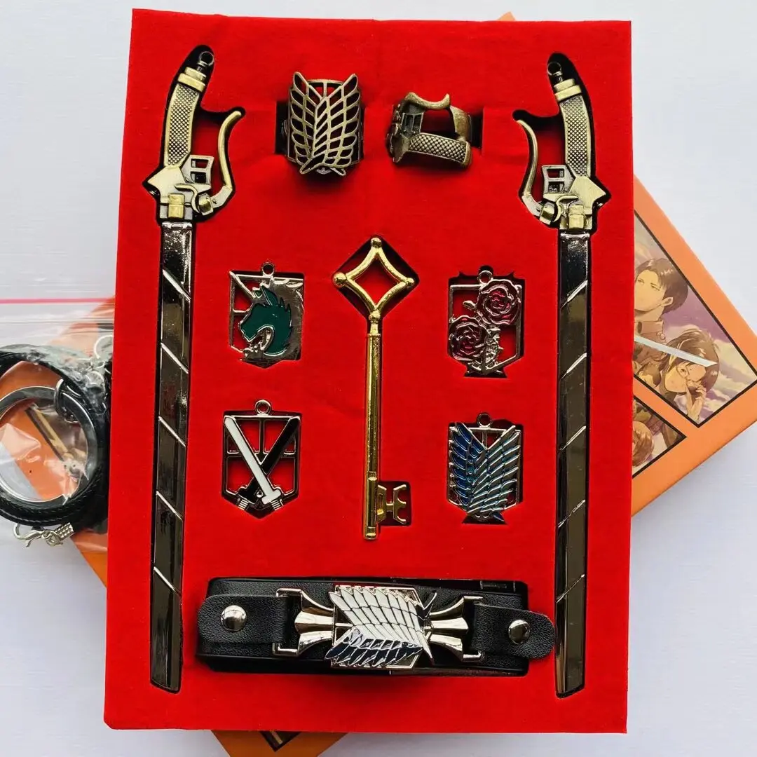 Attack on Titan Jewelry Set for Cosplay, Unisex Anime Military Theme Metal Accessories Pack with Replica Sword, Key Pendant, Rings & Wristband, Replica Swords, Pendant Shapes, Character Sets, Cosplay Wear