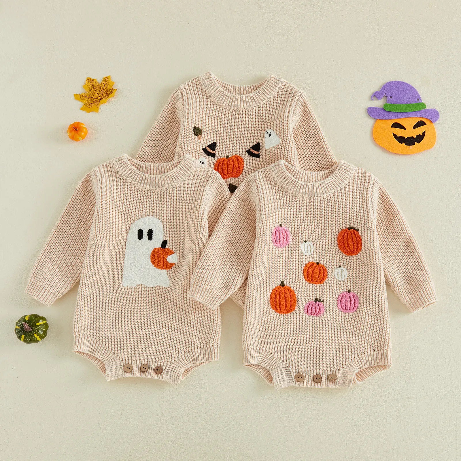 Babamoon Toddler Infant Baby Boys Girls Halloween Sweater Romper Long Sleeve Pumpkin Embroidery Bodysuit Newborn Sweater 0-18M