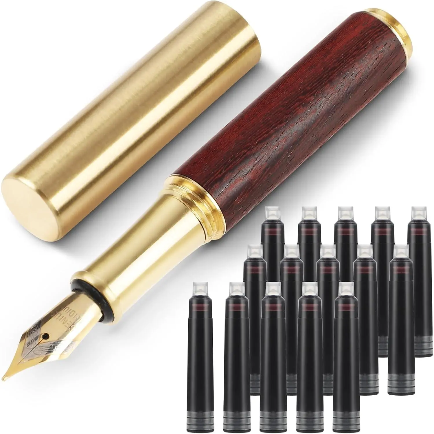 Wooden Mini Fountain Pen, Short Pocket Travel Fountain Pen Fine Nip Pen Fancy Pens Smooth Writing with 15 count 2.6mm Black Ink Cartridges for Journaling Office School Supplies(B)