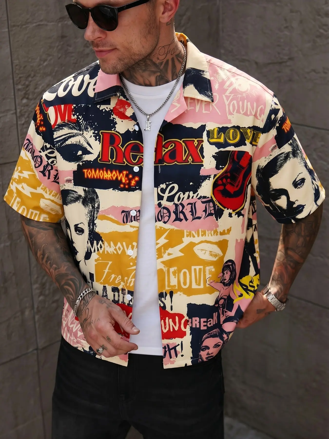Men's Retro Graffiti Patchwork Short Sleeve Casual Shirt, Breathable Pop Art Street Style, Loose Fit, Summer Music Festival, Daily Commute, Beach Vacation