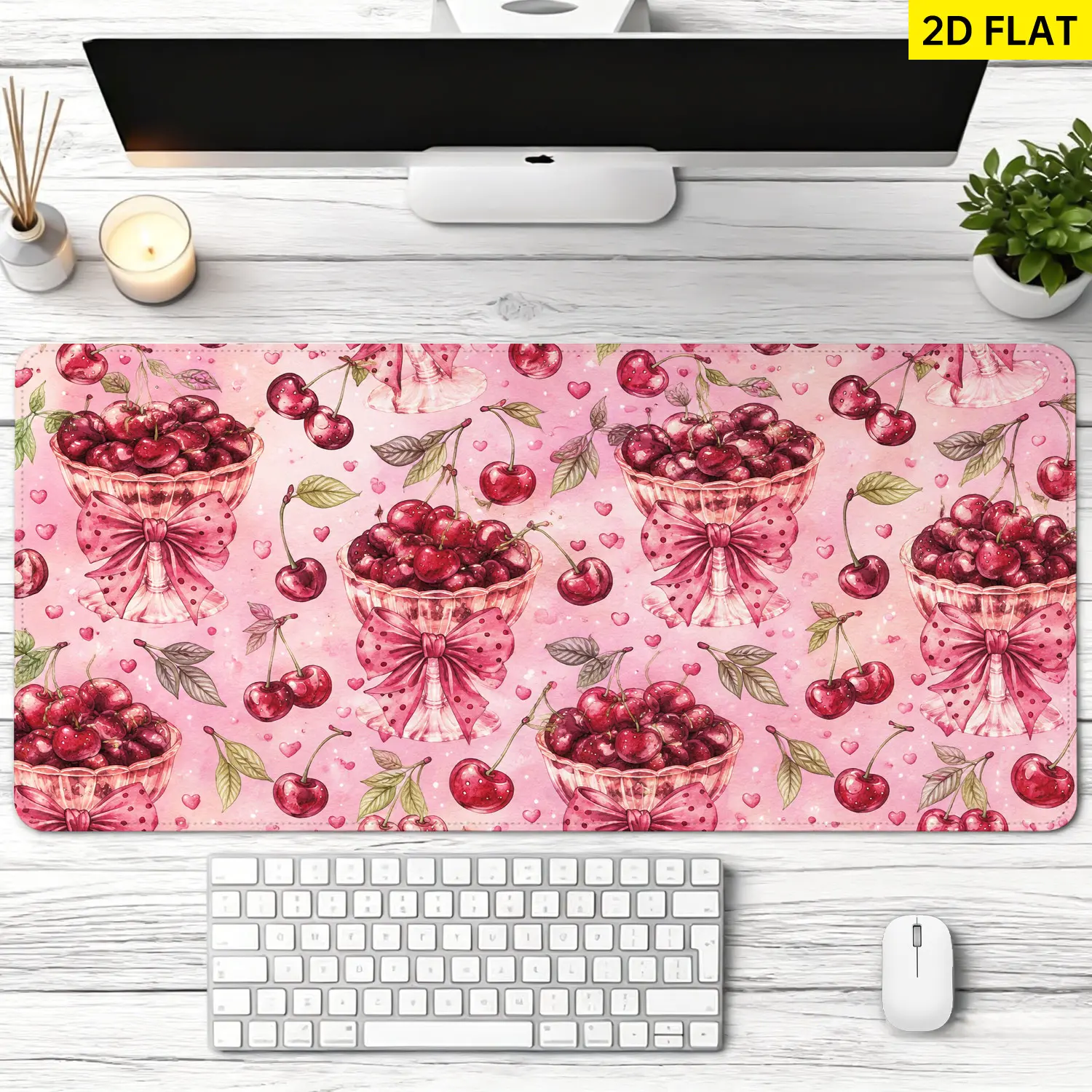 Extra Large pink cherry bowl and bow design Mouse Pad,Non Slip Rubber Pad,Desktop Decoration Drotection Pad,Washable,Lock Edge Multi Size,Premium Multipurpose Mousepad For Home,Office,Gift for Family and Friends