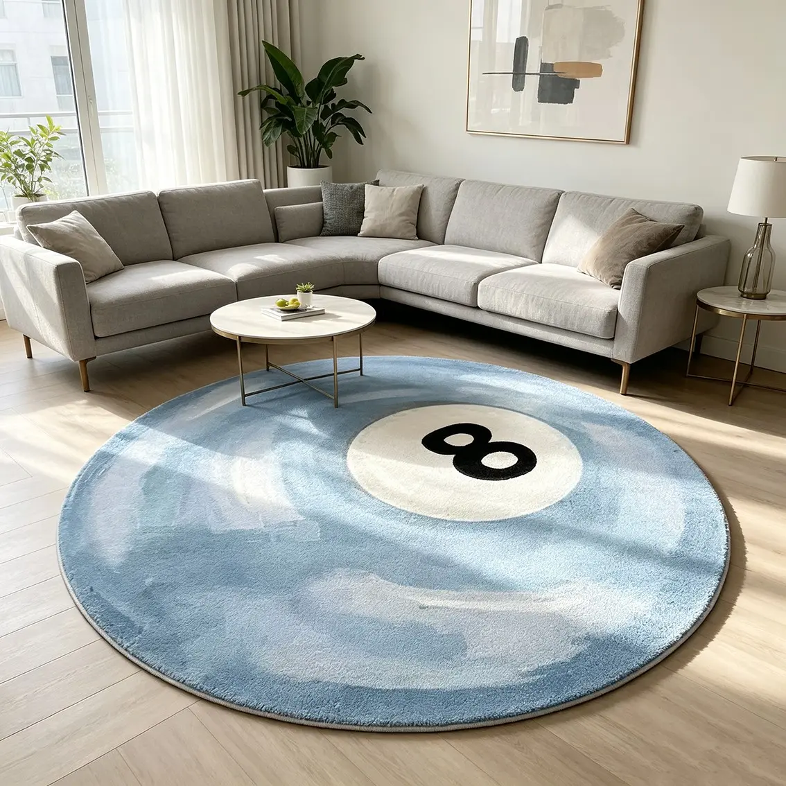 8-ball Pool Table Round Area Rug, Light Blue Gradient Watercolor Billiards Print Non-Slip Floor Mat, Casual Modern Style Decorative Carpet for Living Room, Bedroom, Game Room Home Soft Furnishings