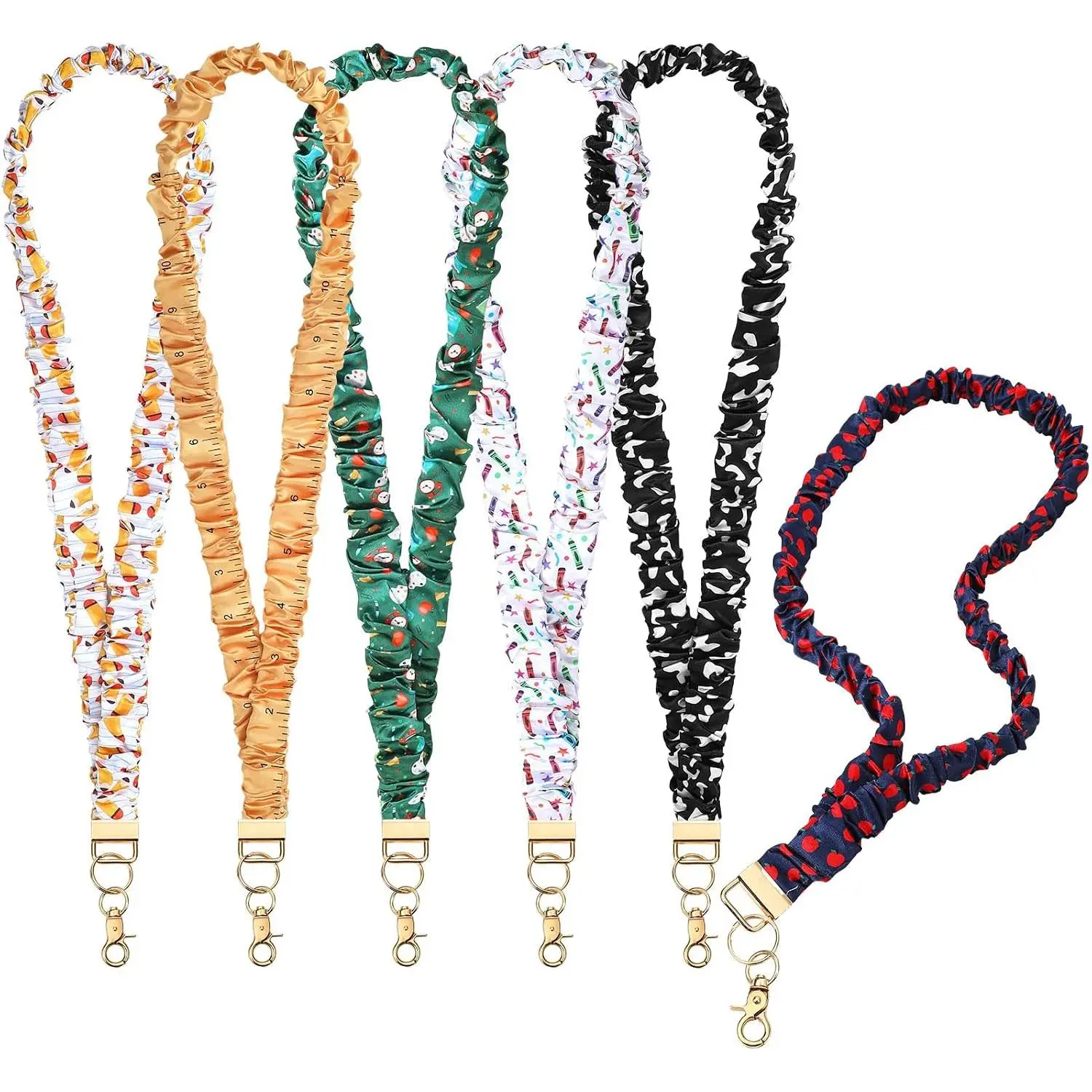Women Staff's 6-Pack Synthetic Elastic Strap Teacher Scrunchie Lanyards, School Pattern Set for Identification Badge Holders, Back to School Office Stationery Supplies