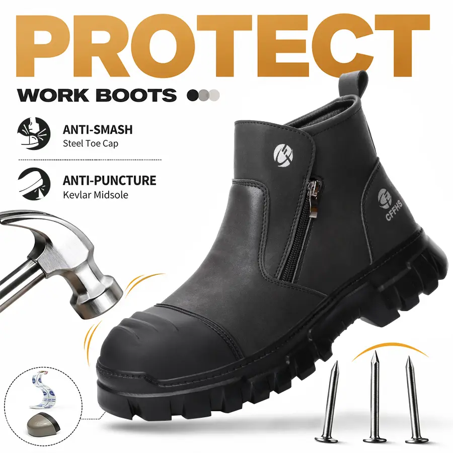 Side zipper high top black safety work boots with steel toe, anti smashing and anti stabbing shoe toe, anti-collision, wear-resistant and anti slip labor protection workwear shoes