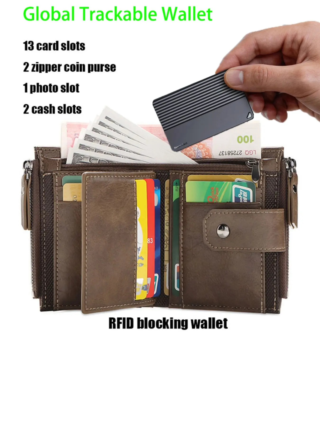 2026 Men's Global Tracking Wallet, Vintage PU Zipper Coin Purse, Multi-Function Credit Card Case, Rfid Anti-Theft, Apple and Android Compatible