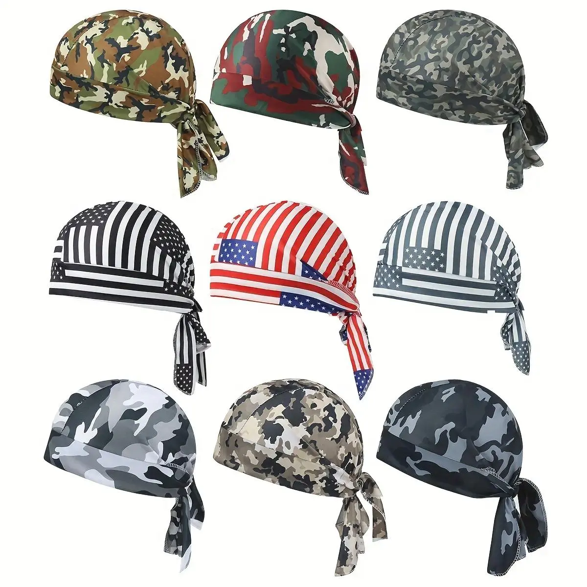 Men's 9-Pack Durag Set, Breathable Polyester Headwraps with Camouflage & American Flag Patterns, Sweat-Wicking for Sports & Biking, Sweat Absorbing Hats, Unisex, Beach Hat, Breathing Feature Hats