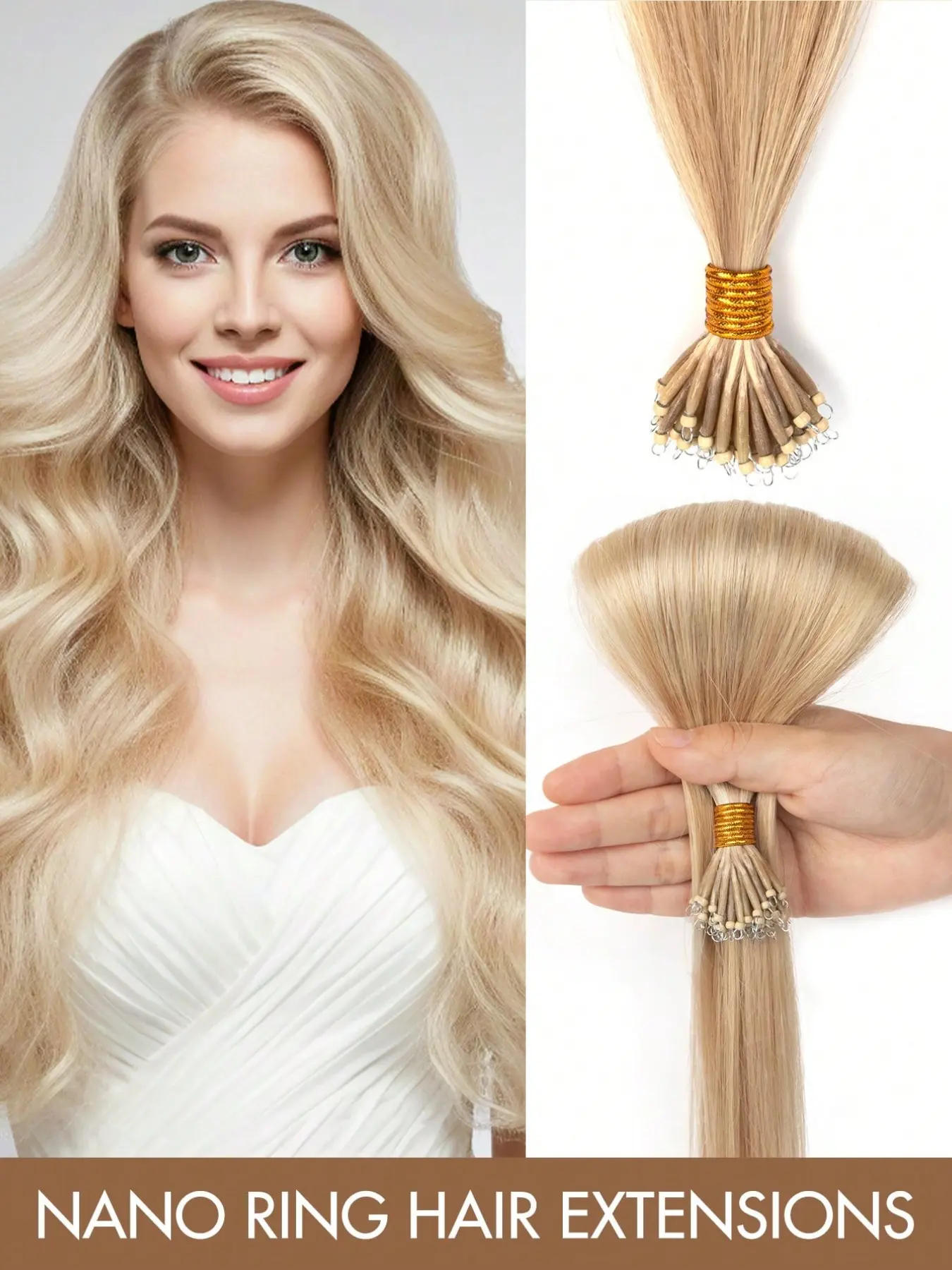 Nano Ring Human Hair Extensions, Highlight Pre-bonded Seamless Natural Straight Real Human Hair, Cold Fusion Micro Nano Beads Hair Extensions for Women