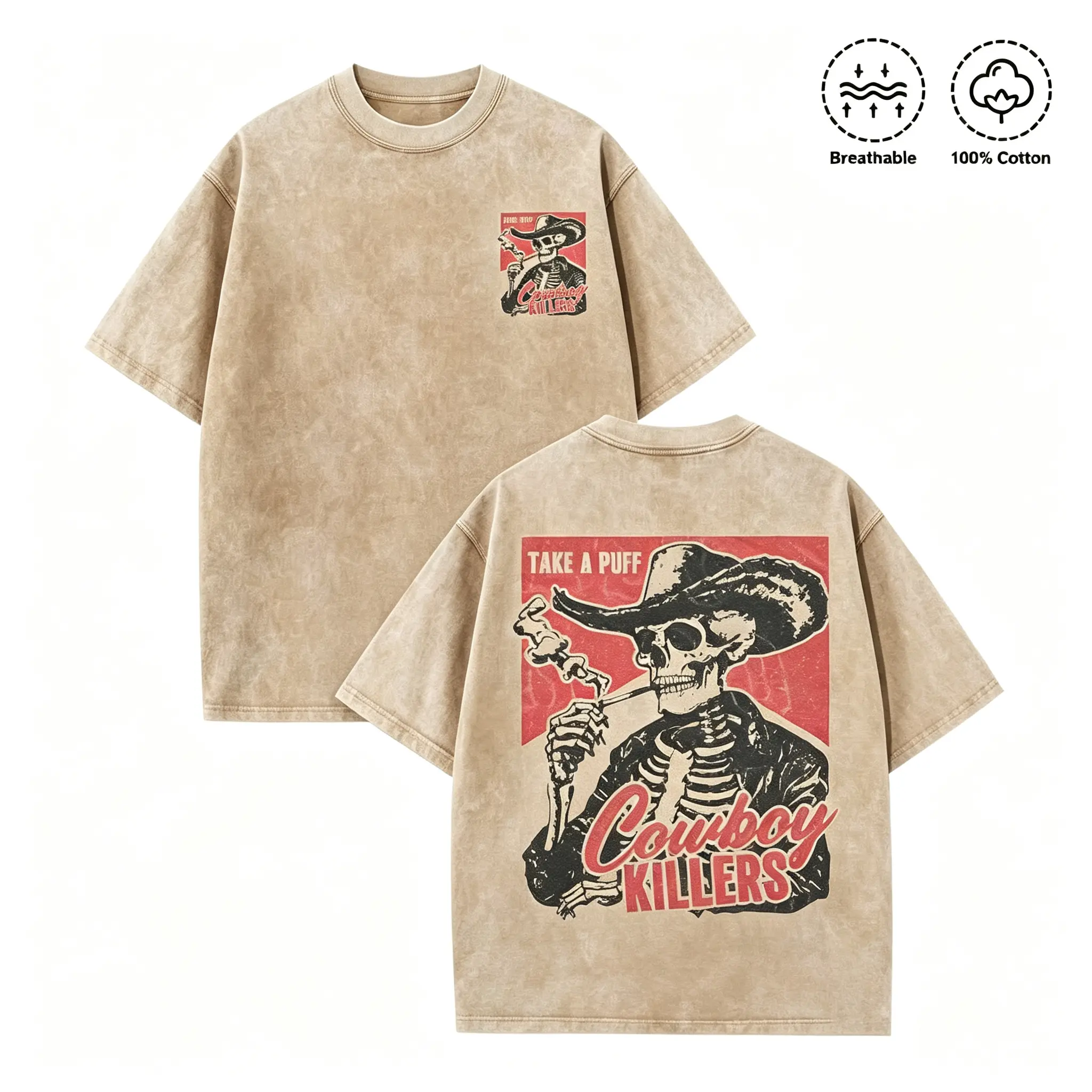 Men's 100% Cotton Vintage Soft Oversized Unisex Tee - Distressed Washed Apricot, Regular & Loose Fit, Round Neck Short Sleeve, Front & Back Skeleton Cowboy Print, Breathable, All Seasons, Machine Washable Streetwear Casual Top