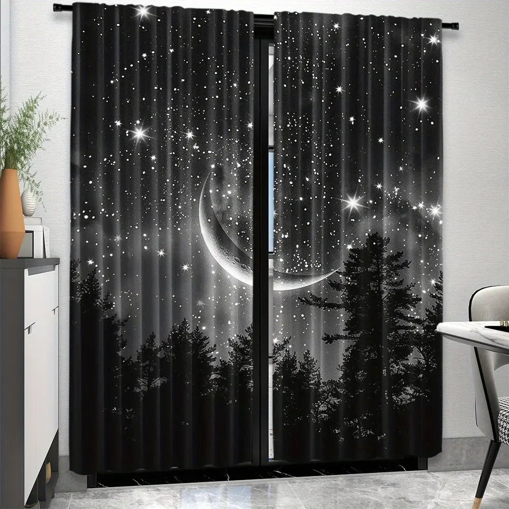 2-Piece Starry Night Forest Moon Print Curtains, Modern Art Style, Semi-Transparent Privacy & Light Blocking, Suitable for All Window Types