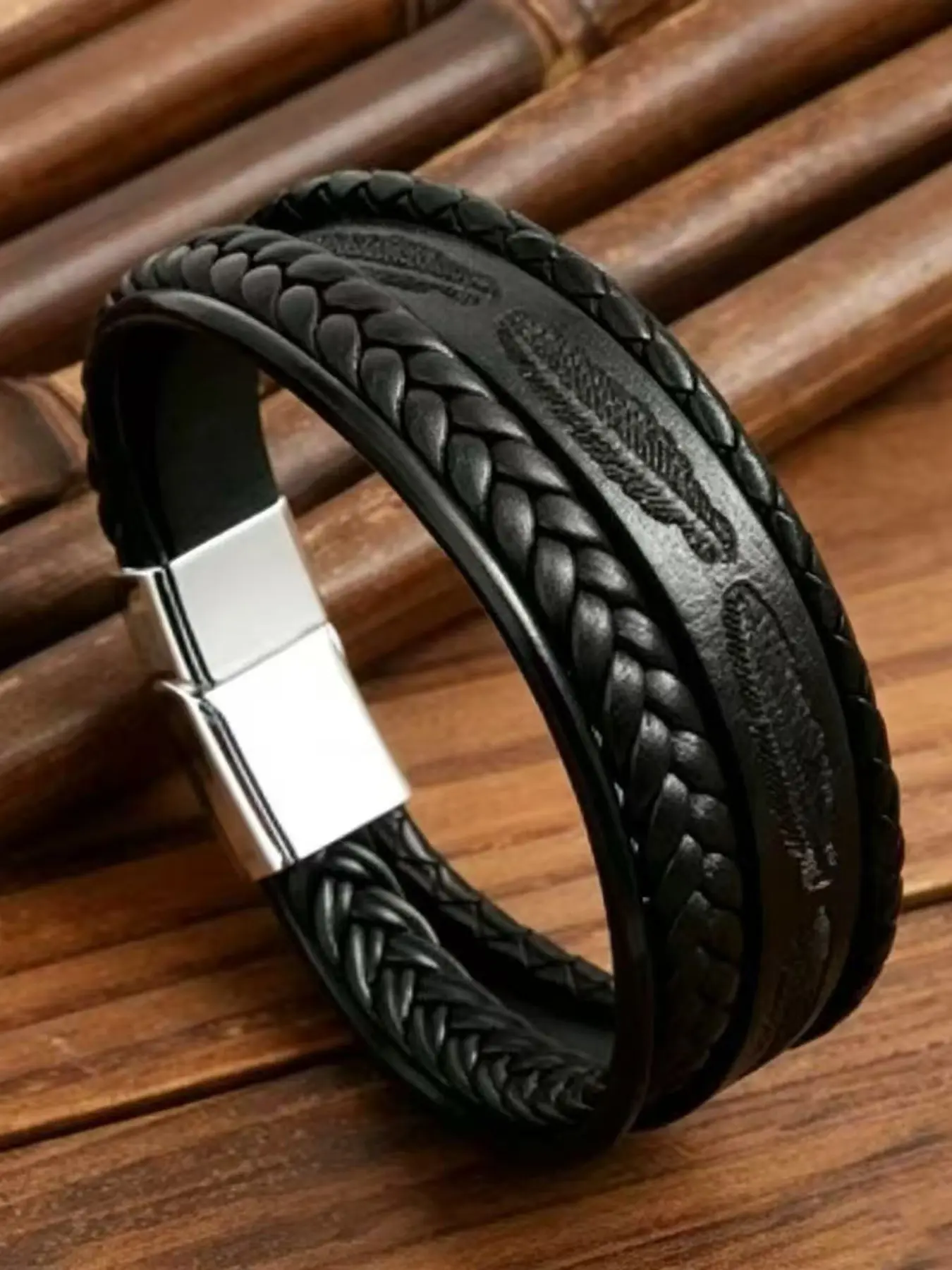 Vintage Braided Bracelet Accessory, Leather Feather Men's Wristband, Casual Embossed Leaf Rope, Perfect Valentine's Gift for Men