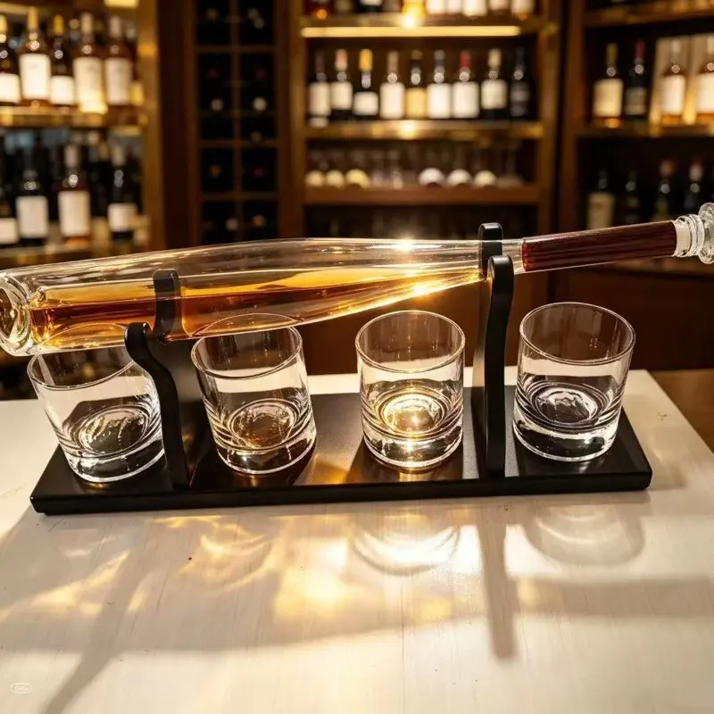 Baseball Bat Shaped Whiskey Decanter Set, 4 Crystal Tumblers, Wooden Tray, Hand Blown Glass, Sport Bar Decor, Gift for Fans