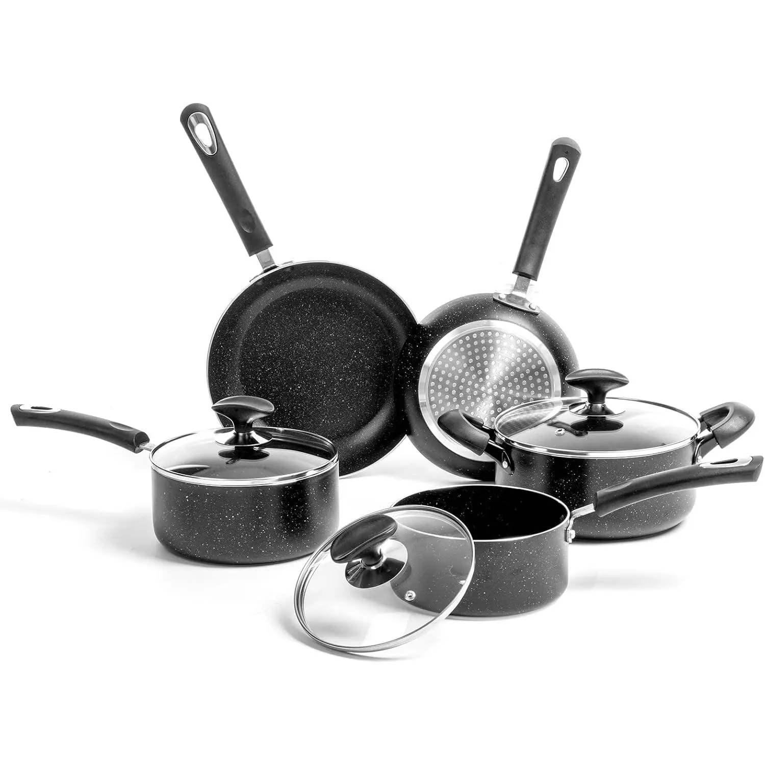 8 count Pots and Pans Set Non Stick, Non Stick Kitchen Cookware Set with 20cm & 26cm Frying Pans and 16cm, 18cm Saucepans with  and 20cm casserole pot with lid, Induction Compatible Pots,Black