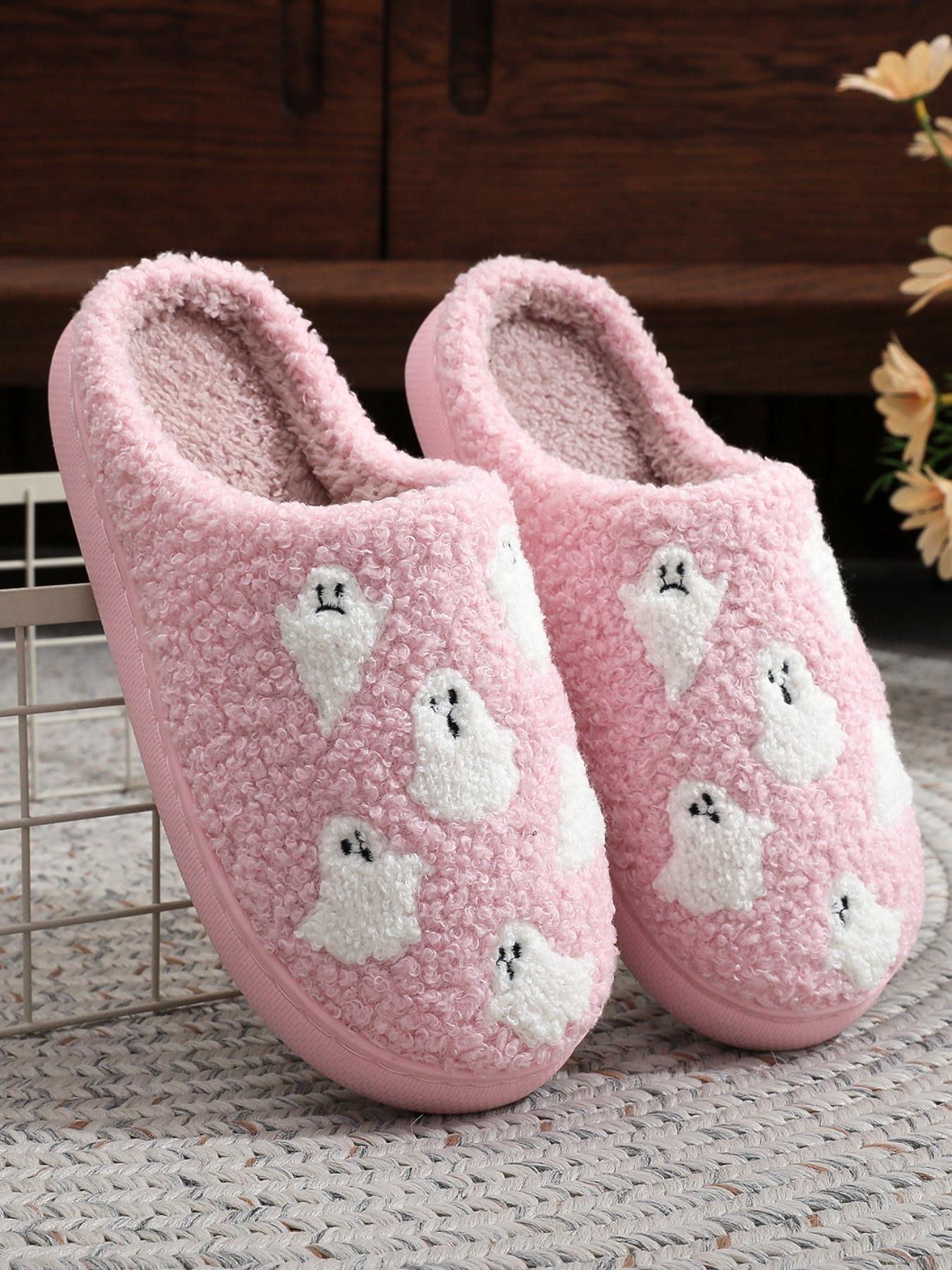 Women's Cute Cartoon Ghost Pattern Plush Slippers, Casual Soft Comfortable Fluffy Home Slippers, Warm Fuzzy House Slippers for Indoor & Outdoor Use for All Seasons
