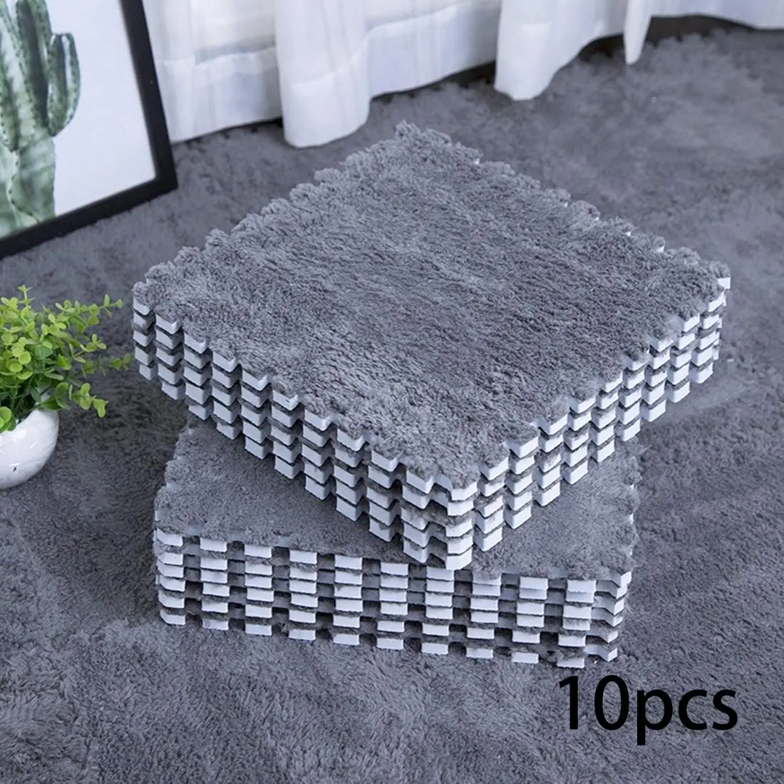 10 Pcs interlocking rug, solid color interlocking floor mat, anti-slip mat, anti-fall mat, bay window mat, impact-resistant EVA fitness mat, removable and washable plush mat for living room and bedroom floor decoration, Interlocking Washable Rugs